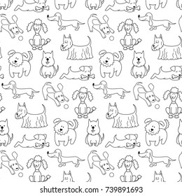 Seamless pattern with cartoon dogs on the white background. Vector illustration.
