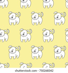 Seamless pattern with cartoon dogs on the yellow background. Vector illustration.
