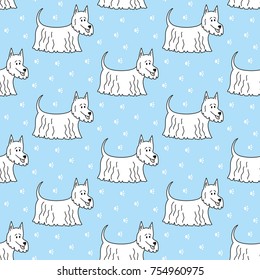 Seamless pattern with cartoon dogs on the blue background. Vector illustration.