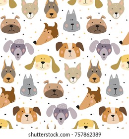 Seamless pattern with cartoon dogs on the white background. Vector illustration.