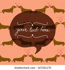 Seamless pattern with cartoon dogs silhouettes on polka dot background. Cute and lovely dachshund couples with hearts. Valentine card design.