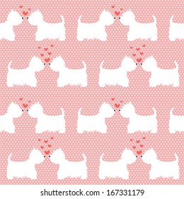 Seamless pattern with cartoon dogs silhouettes on polka dot background. Cute and lovely West highland terrier couples with hearts. Valentine background design.