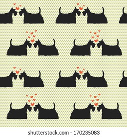 Seamless pattern with cartoon dogs silhouettes on polka dot background. Cute and lovely scottish terrier couples with hearts. Valentine background design.