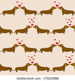 Seamless pattern with cartoon dogs silhouettes on polka dot background. Cute and lovely dachshund couples with hearts. Valentine background design.