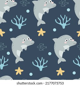 Seamless pattern with cartoon dolphin. Colorful vector flat style. hand drawing. design for print, wrapper, fabric.