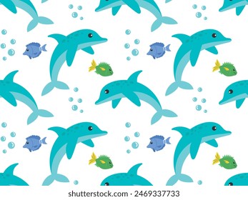 Seamless pattern with cartoon dolphin and cute fish. Vector illustration for wallpaper, wrapping paper, textile, children's design and apparel design