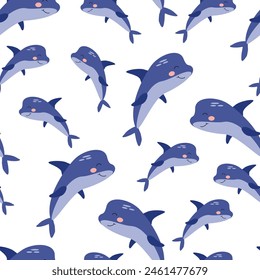 Seamless pattern cartoon dolphin on a white background. Vector illustration for children's wallpaper, textiles, packaging.