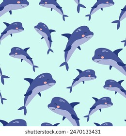 Seamless pattern cartoon dolphin on a light blue background. Vector illustration for children's wallpaper, textiles, packaging.