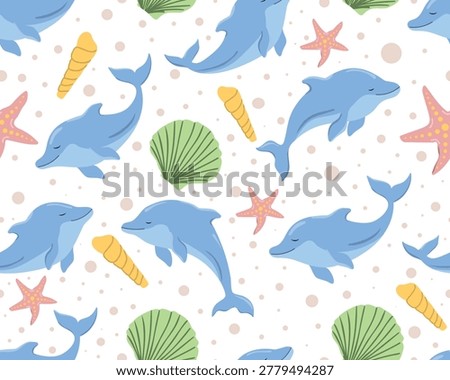 Seamless pattern with cartoon dolphin and seashells. Summer Background. Vector Illustration.	