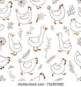 Seamless pattern with cartoon domestic birds on white background