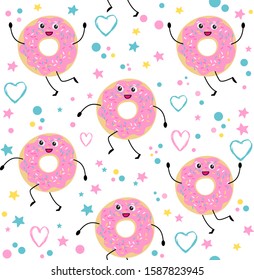 Seamless pattern with cartoon donut character and hearts