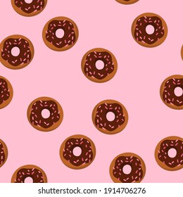 seamless pattern with cartoon donut. Delicious sweets. pink background. chocolate top glaze. 