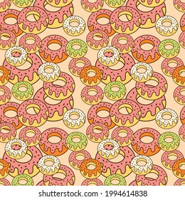 Seamless pattern , Cartoon donuts . Hand drawn delicious dessert, a small treat.