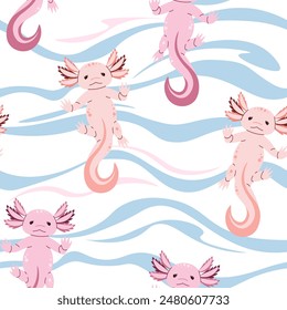 Seamless pattern with cartoon doodle axolotl. Background with cute sea creature in flat style. Suitable for decoration, design, stickers