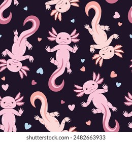 Seamless pattern with cartoon doodle axolotl. Background with cute sea creature in flat style. Suitable for decoration, design, stickers