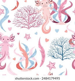 Seamless pattern with cartoon doodle axolotl. Background with cute sea creature in flat style. Suitable for decoration, design, stickers