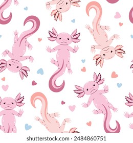 Patrón sin fisuras con dibujos animados doodle axolotl. Fondo con linda criatura marina en estilo plano. Conveniente para la decoración, diseño, pegatinas