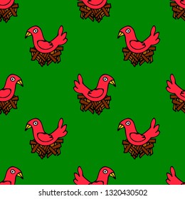 Seamless pattern with cartoon doodle bird in the nest. Vector illustration.  
