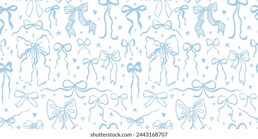 Seamless pattern with cartoon doodle bow knots, gift ribbons. Trendy hair braiding accessory. Hand drawn vector illustration. Minimalist tattoo sketch, coquette core. 