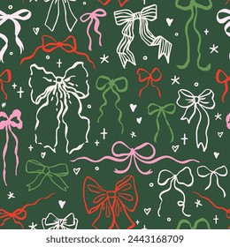 Seamless pattern with cartoon doodle bow knots, gift ribbons. Trendy hair braiding accessory. Hand drawn vector illustration. Minimalist tattoo sketch, coquette core. 