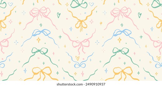 Seamless pattern with cartoon doodle bow knots, gift ribbons. Trendy zig zag chevron Christmas background. Hand drawn vector illustration. Minimalist tattoo sketch, coquette core. 