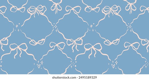 Seamless pattern with cartoon doodle bow knots, gift ribbons. Trendy zig zag chevron Christmas background. Hand drawn vector illustration. Minimalist tattoo sketch, coquette core. 