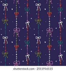 Seamless pattern with cartoon doodle bow knots, gift ribbons. Trendy vertical stripe Christmas background. Hand drawn vector illustration. Minimalist tattoo sketch, coquette core. 