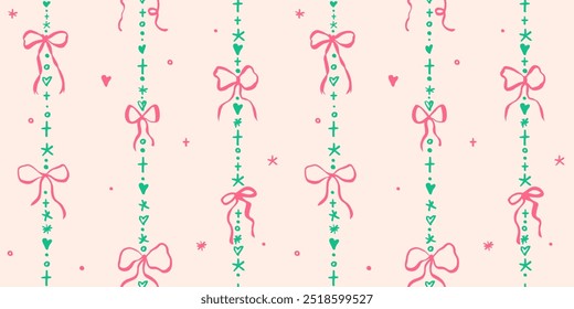 Seamless pattern with cartoon doodle bow knots, gift ribbons. Trendy vertical stripe Christmas background. Hand drawn vector illustration. Minimalist tattoo sketch, coquette core. 