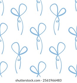 Seamless pattern with cartoon doodle bow knots, gift ribbons. Trendy hair braiding accessory. Hand drawn vector illustration. Minimalist tattoo sketch, coquette core.