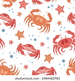 Seamless pattern with cartoon doodle crab. Background with sea animal in flat style. Suitable for decoration, design, stickers