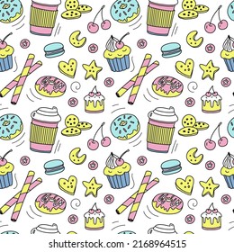 Seamless pattern with cartoon doodle desserts. Donuts, cupcakes, cookies, coffee cup, sweets. Vector background.
