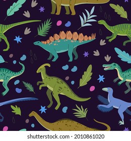 Seamless pattern with cartoon doodle dinosaurs and nature elements, rocks, leaves and stars. Adorable children design.