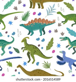 Seamless pattern with cartoon doodle dinosaurs and nature elements, rocks, leaves and stars. Adorable children design.