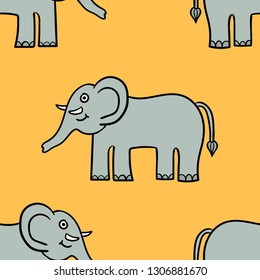 Seamless pattern with cartoon doodle elephant. Wrapping paper, textile, fabric. Vector illustration. 