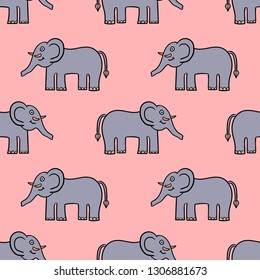 Seamless pattern with cartoon doodle elephant. Wrapping paper, textile, fabric. Vector illustration. 