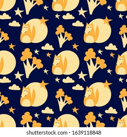 Seamless pattern. Cartoon Doodle Fox , the stars, the moon . Vector illustration for kids fashion,children's fabrics, children's room, baby shower. Scandinavian print or poster, pajamas party.