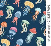 Seamless pattern with cartoon doodle jellyfish. Background with sea creatures in flat style. Suitable for decoration, design, stickers
