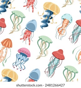 Seamless pattern with cartoon doodle jellyfish. Background with sea creatures in flat style. Suitable for decoration, design, stickers