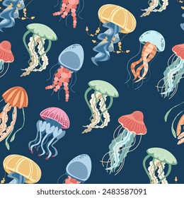 Seamless pattern with cartoon doodle jellyfish. Background with sea creatures in flat style. Suitable for decoration, design, stickers