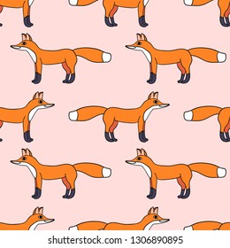 Seamless pattern with cartoon doodle linear fox isolated on background. Vector illustration. 