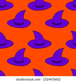 Seamless pattern with cartoon doodle linear witch hat. Halloween background. Vector illustration.  