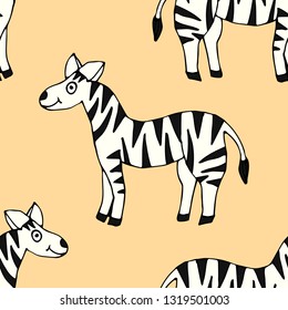 Seamless pattern with cartoon doodle linear zebra. Vector illustration. 