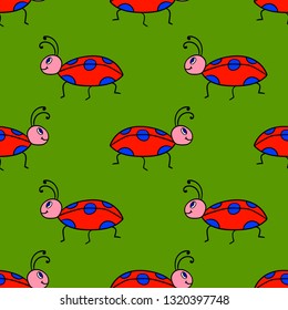 Seamless pattern with cartoon doodle linear ladybug, bug. Insect background. Vector illustration. 