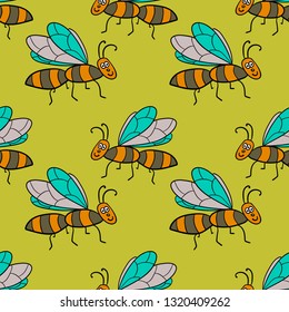Seamless pattern with cartoon doodle linear midge, fly. Childlike insect background. Vector illustration. 
