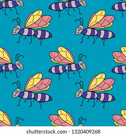 Seamless pattern with cartoon doodle linear midge, fly. Childlike insect background. Vector illustration. 
