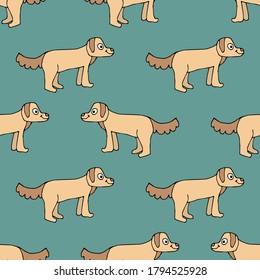 Seamless pattern with cartoon doodle linear standing dog. Animals background. Vector illustration.   