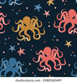 Seamless pattern with cartoon doodle octopus. Background with sea creature in flat style. Suitable for decoration, design, stickers