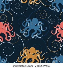 Patrón sin fisuras con dibujos animados doodle pulpo. Fondo con la criatura del mar en estilo plano. Conveniente para la decoración, diseño, pegatinas