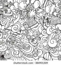 Seamless pattern of cartoon doodle party objects in hand drawn style. Very useful texture for poster design, coloring page, kids, greeting