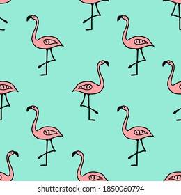 Patrón sin foco con el doodle de dibujos animados flamingo rosa aislado en fondo azul. Ilustración vectorial. 